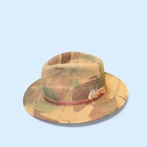 Camouflage Wide Brim fedora hat 100% wool felt size M leather band with feather